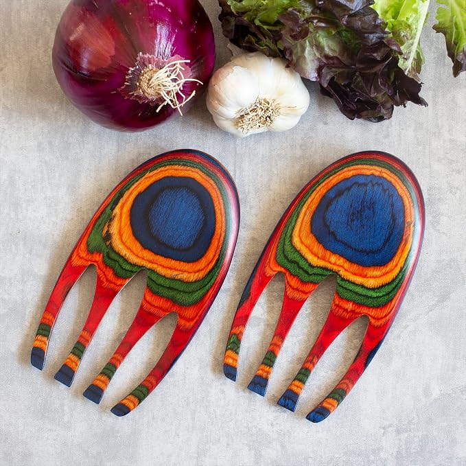 Baltique Marrakesh Salad Hands, Colorful Wood Salad Tongs Alternative | 2-piece salad claw servers. Colorful layered wood. Wide scoop for tossing greens, pasta, fruit. Bowl-grip knob catches rim. - Image 3
