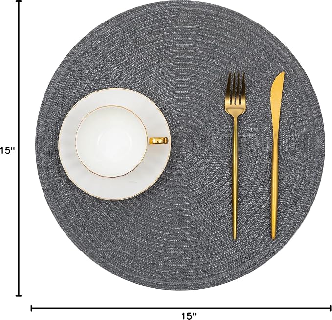SHACOS Round Placemats Set of 6 Washable 15 inch Round Table Mats Cotton Polyester Woven Braided Place Mats for Dining Table (Charcoal Gray, 6) - Image 10