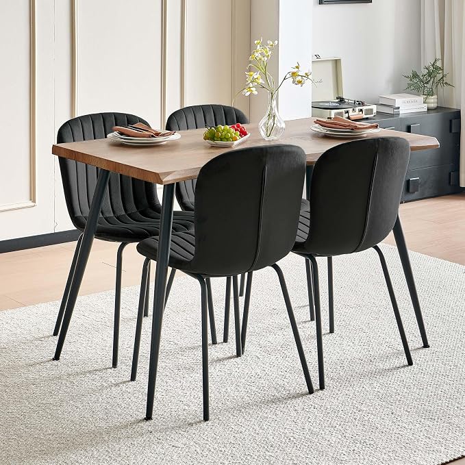 Rectangle Dining Table Set for 4 with Black Velvet Chairs | 5-Piece Mid-Century Modern Set, Irregular MDF Table, Wood Grain, Space-Saving for Small Spaces, Dining Rooms, Easy Assembly by SQPFTW