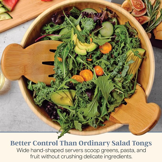 Totally Bamboo Salad Hands, Wood Salad Tongs Alternative for Serving | 2-piece bamboo salad claw servers. Wide scoop for tossing greens, pasta, and fruit. Bowl-grip knob catches on bowl rim. - Image 2