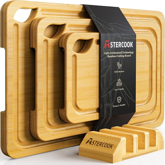 Astercook Nature Bamboo Cutting Boards for Kitchen with Wood Storage Stand, Reversible Charcuterie & Chopping Boards with Juice Grooves and Easy-Grip Handles by Astercook