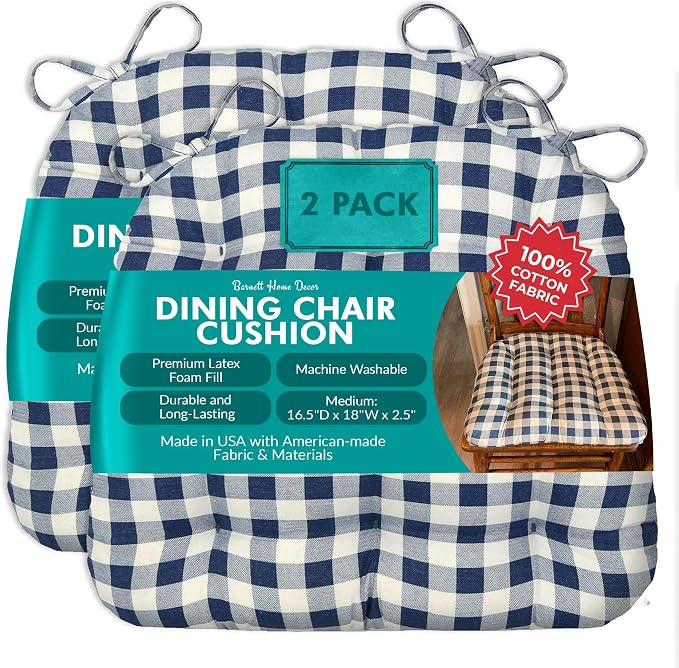 Barnett Home Decor Dining Chair Cushions with Ties – Size Medium 16.5 x 18 - Latex Foam Fill, Machine Washable Chair Pads for Kitchen Chairs, Made in USA (Classic Check Navy Blue/Pack of 2) by BarnettHomeDecor