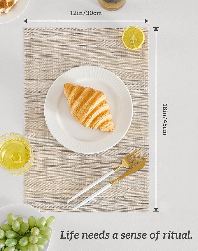 Leetaltree Lightsteel Beige with Yellow Placemats Set of 4 - Heat Resistant Non-Slip Place mats for Dining Table, Washable Durable PVC Vinyl Woven Table Mats (Lightsteel Beige, 4) - Image 7