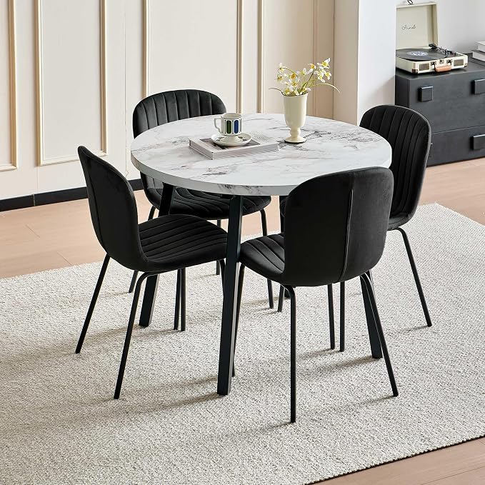 Small Round Dining Table Set for 4 People, 37" Modern Kitchen Table | 5-Piece Set, Faux White Marble MDF table, 4 Black Velvet Chairs, Easy Assembly, Space-saving, Fits Small Dining Room by SQPFTW
