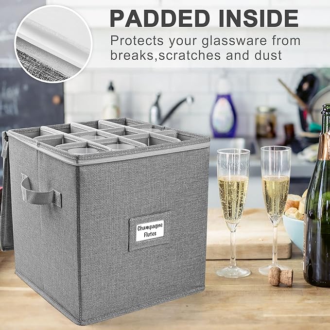 LotFancy Champagne Flute Storage Container, Hard Shell, Stackable, 12" Tall Wine Glass Storage Box with Dividers & Handles, Stemware, Crystal Glassware, Drinkware Case for Moving, Grey - Image 6