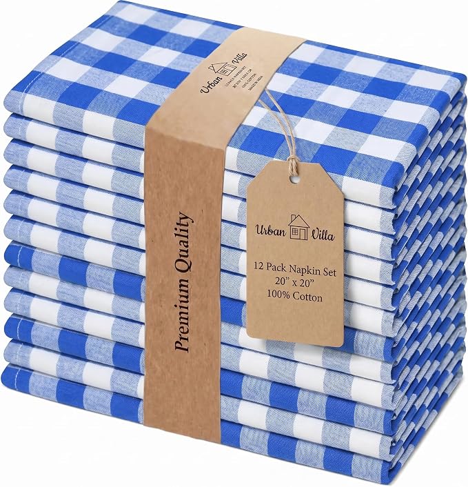 Urban Villa Cloth Napkins Cotton 20x20 (Set of 12) Blue Cheks by CottonTrends