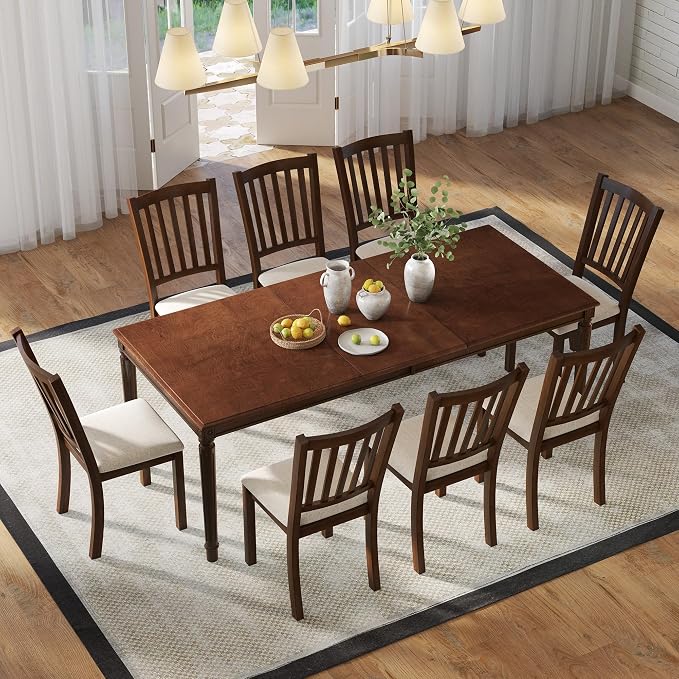 AMERLIFE 9 Piece Farmhouse Dining Set with 79" Rubberwood Table, Brown | 79" Rectangular Table, Solid Rubberwood Frame, Upholstered Chairs, Roman Conical Legs, Dark Brown Finish - Image 8