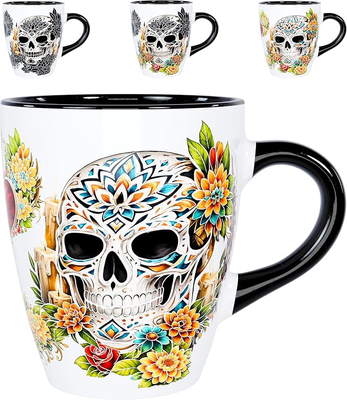 Color Changing Sugar Skull Coffee Mug 12oz – Heat Sensitive Ceramic Cup with Day of the Dead Skull & Floral Design, Gothic Halloween Theme Mug, Unique Christmas Holiday Birthday Gift for Men & Women by Dream8Design