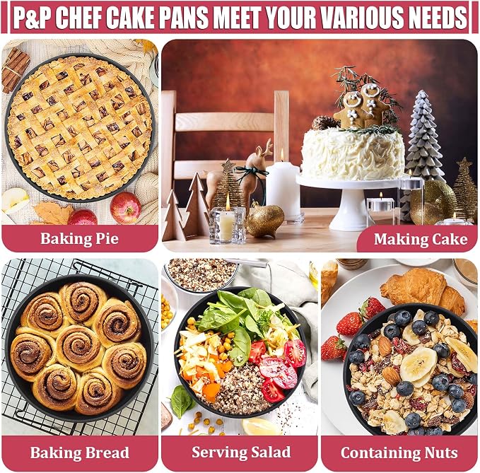 P&P CHEF 8 Inch Cake Pan Set, 4Pcs Non-stick Round Baking Cake Pans Tins | Stainless Steel Core & Nonstick Coating, Good for Baking Layer Tier Cakes for Birthday Wedding, Deep Side & One-piece Design - Image 7
