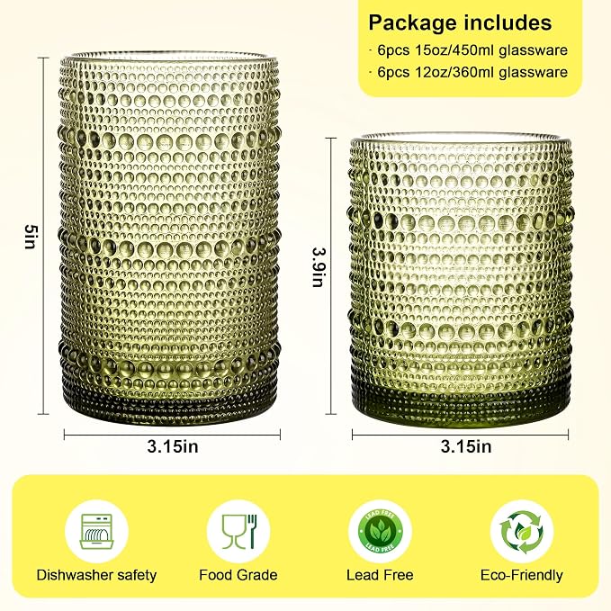 KMIGRUAN Hobnail Drinking Glasses Set of 12, 15Oz & 12Oz Cocktail Glasses | Sage Green Vintage Boho Highball Glasses, Mixed Vintage Glassware Set for Water, Cocktail, Beer, Whiskey, Juice & Bar Use - Image 2