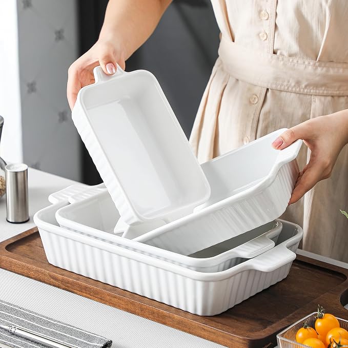MALACASA Casserole Dishes for Oven, Ceramic Baking Dishes Set of 4, White | Rectangular Deep Lasagna Pans with Handles for Roasting Vegetable, Cake, Durable Bakeware, Wedding Gift(9.4/11.1/12.2/14.7") - Image 7
