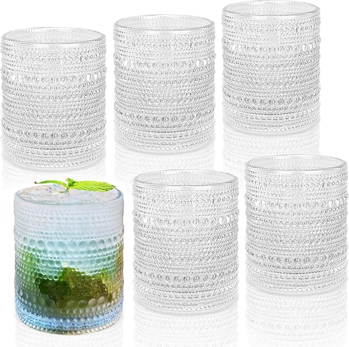 Hobnail Drinking Glasses Set of 6, 10 oz, Cocktail Glasses Vintage Glasses Drinking Set Glass Cups Mixed Drinkware Set Vintage Glassware Set for Juice, Cocktail, Whisky, Soda, Beverages. Clear by Artcochan