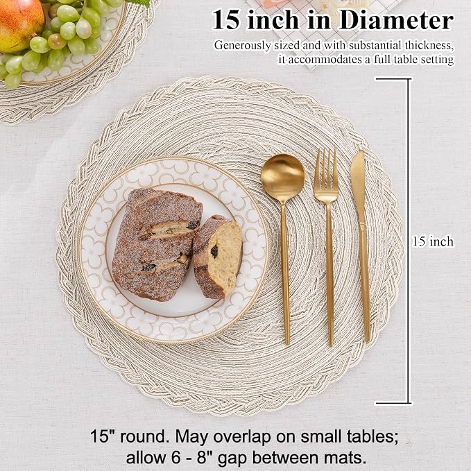 SHACOS Boho Round Placemats Set of 8 Braided Border Round Place Mats 15 inch Washable Dining Table Mats for Home Wedding Holiday Party (Ivory Bordered, 8) - Image 4
