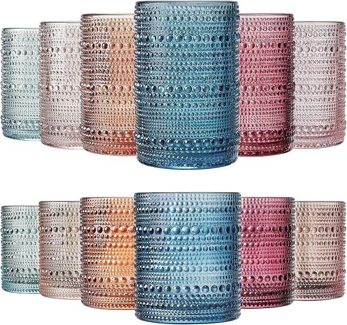 Beaded Hobnail Drinking Glasses Set | Set of 12 | 6x Tumbler 11 OZ + 6x Highball 12 OZ Bubble Design Whiskey Glassware, Old-Fashioned, Embossed Design Glass for Water, Wine, Cocktail HAND WASH ONLY by Khen