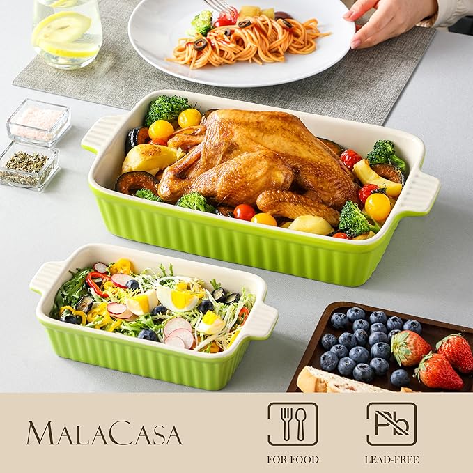 MALACASA Ceramic Baking Dishes Set of 4, Deep Casserole Dish, Green | Deep Lasagna Pans for Versatile Use, Durable Bakeware for Roasting Vegetable, Gift Set, Dishwasher Safe(9.4/11.1/12.2/14.7") - Image 3