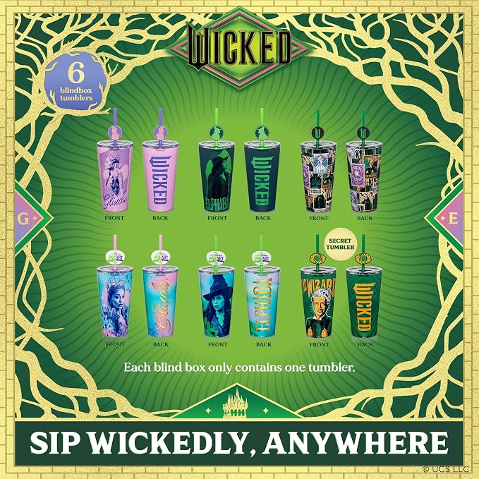 Dragon Glassware x Wicked: For Good Blind Box Tumbler with Straw, 16 oz | Vacuum Insulated Stainless Steel Wicked Cup with Lid & Straw; With Straw Charm; 6 Collectible Designs; Official Wicked Merch - Image 2