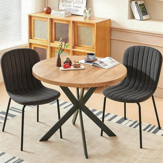 37 Inch Round Dining Table Set for 4, Modern Small Circle Kitchen Coffee Set for Apartment Living Room Office, Save Space(1 Wooden Table + 2 Grey PU Leather Chairs) - Image 6