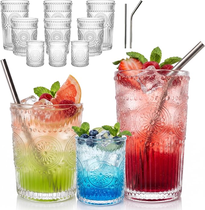 CycleMore 12Pc SunFlower Drinking Glasses,15oz + 12oz + 4oz Clear Cup | Bar Tumbler Glassware with 8 Stainless Straws for Juice, Cocktail, Whiskey, Espresso. Dishwasher Safe & Lead-Free Glass. by CycleMore