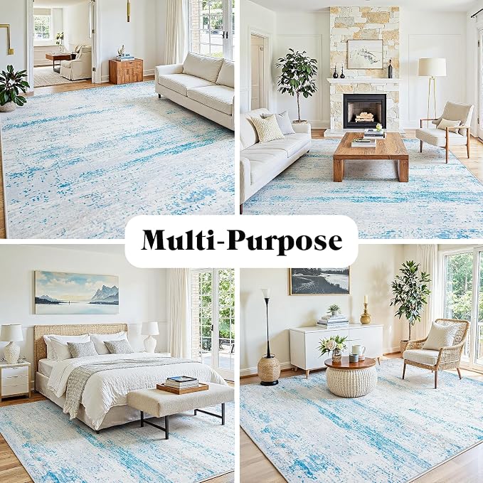 9x12 Washable Area Rug for Living Room Bedroom: Non-Slip Modern Light Blue | Machine Washable TPR Backing, Stain-Resistant Low Pile, Pet & Kid Friendly, Abstract Decor for Dining Room, Dorm, Home Office - Image 3