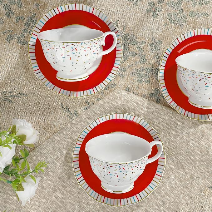fanquare 21-Piece Colorful British Porcelain Tea Sets, 6 Cups and Saucers Set for Party, Rainbow Sprinkle Sugar Pattern Coffee Set for Adults, Birthday, Holiday, Celebrations - Image 5