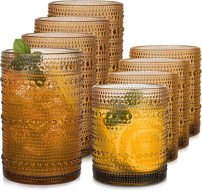 Amber Hobnail Drinking Glasses Set of 8, 15 oz Vintage Highball Glassess & 12 oz Cocktail Glasses, Drinkware Kitchen Glasses for Cocktail, Iced Coffee, Beer, Ice Tea, Wine, Whiskey, Water by JPPSUJJ