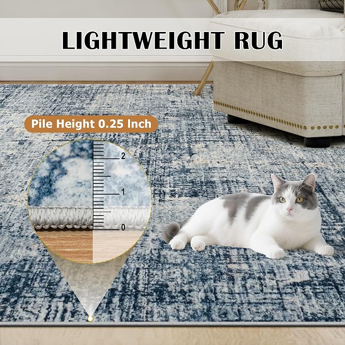 8x10 Washable Area Rug for Living Room Bedroom: Non-Slip Modern Blue Gold | Machine Washable TPR Backing, Stain-Resistant Low Pile, Pet & Kid Friendly, Abstract Decor for Dining Room, Dorm, Home Office - Image 7