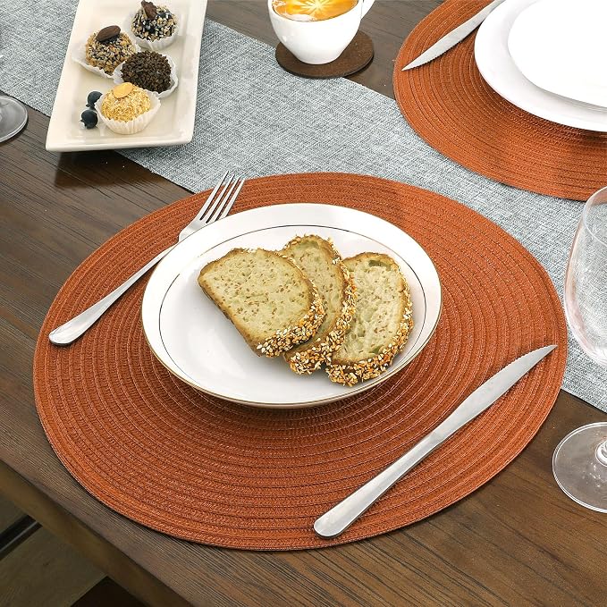 SHACOS Round Placemats Set of 8 Washable 15 inch Round Placemat Cotton Polyester Woven Braided Table Place Mats for Dining Table Wedding Party Decor, Dark Orange - Image 7