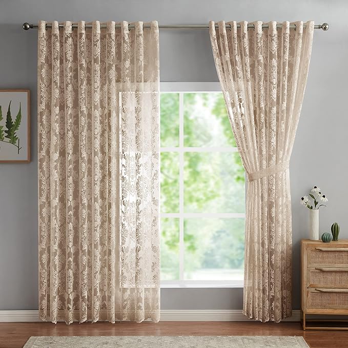 LinenZone 108x100 2 Linen Lace Wall-to-Wall Curtains.(Lisa 108x100, Linen) | 2 Elegant Knitted Lace Wall-to-Wall Curtains with Scalloped Bottom and Tiebacks for Extra Large Windows . by LinenZone
