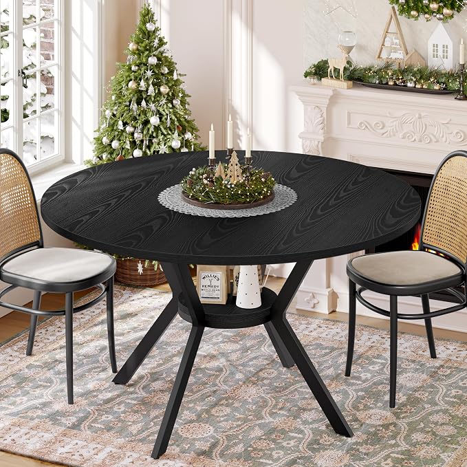 Black Dining Table for 2-4, 42 Inch Round Kitchen Table with Storage, Wooden Circle Dinner Table with Metal Legs, Rustic Mid Century Modern Dining Room Tables for Kitchen, Living Room, Dining Room - Image 9