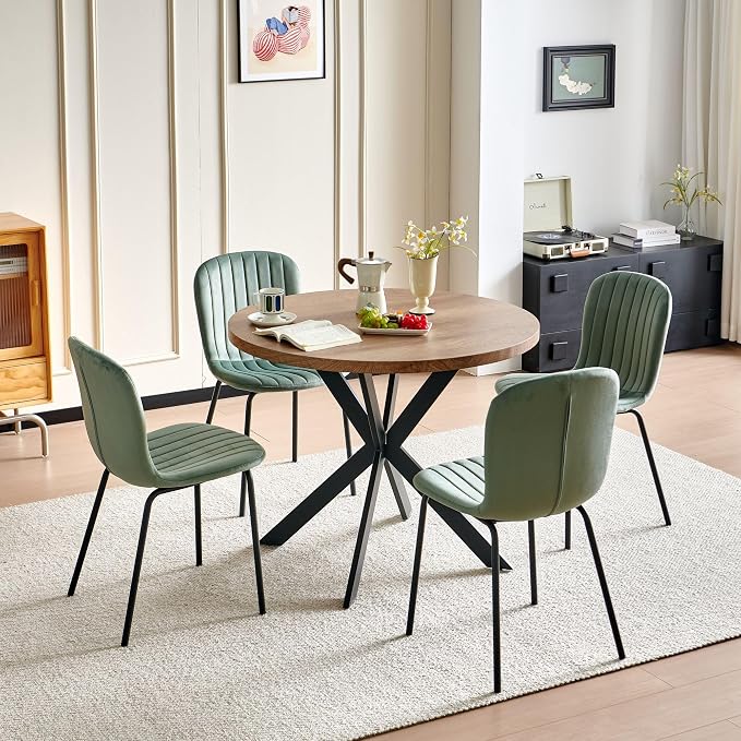 37 Inch Round Dining Table Set for 4, Modern Small Circle Kitchen Coffee Set for Apartment Living Room Office, Save Space(1 Imitation Wooden Table + 4 Green Velvet Chairs) - Image 2