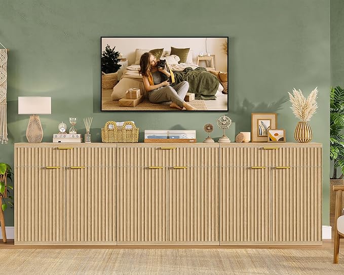 TEENFON Fluted Buffet Cabinet with Storage, 63" Sideboard Cabinet, Coffee Bar Cabinet with 2 Doors and Adjustable Shelf for Living Room, Kitchen, Entryway, Natural - Image 4