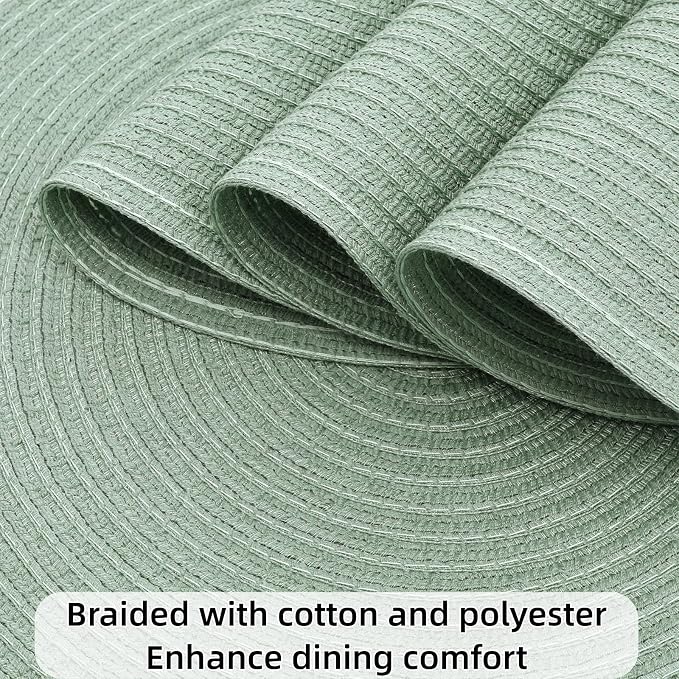 SHACOS Round Placemats Set of 4 Woven Braided Table Placemats 15 inch Cotton Polyester Place Mats Washable Table Mats Indoor Outdoor, Sage Green - Image 3