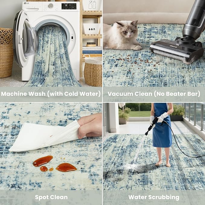 6x9 Washable Area Rug for Living Room Bedroom: Non-Slip Modern Blue Gray | Machine Washable TPR Backing, Stain-Resistant Low Pile, Pet & Kid Friendly, Abstract Decor for Dining Room, Dorm, Home Office - Image 5