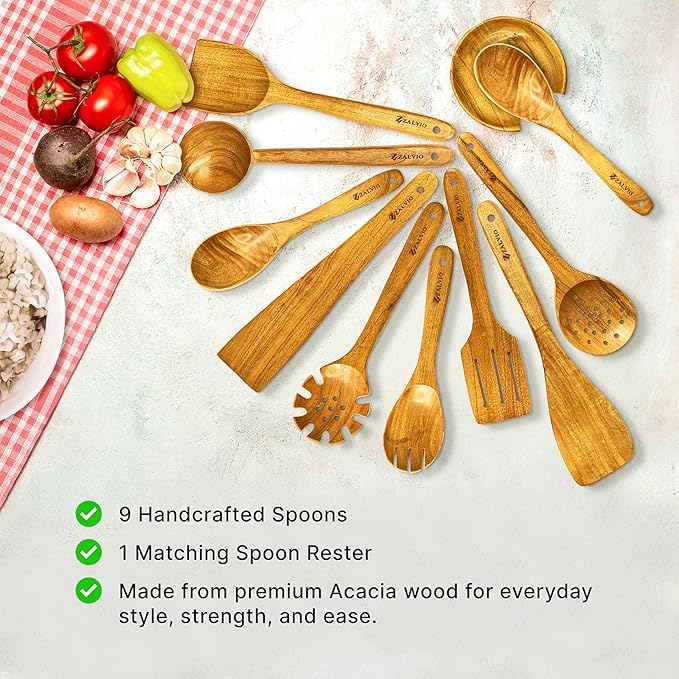 Zalvio 10-Piece Acacia Wood Utensil Set – Handmade Wooden Spoons with Spoon Rest | Heat-Resistant Eco-Friendly Cooking Tools for Nonstick Cookware
