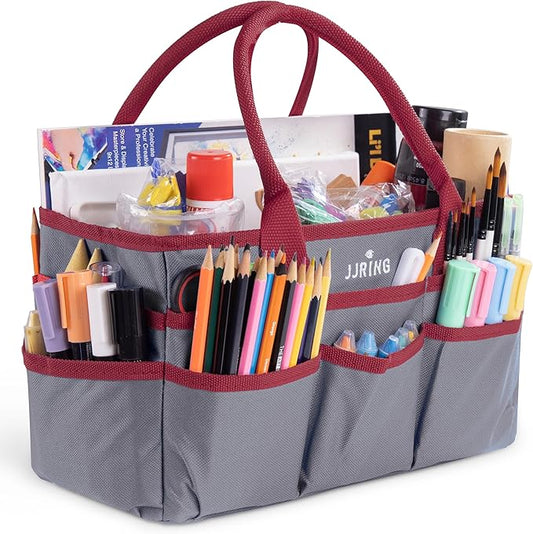 JJRING Craft and Art Tote - 600D Grey Nylon Fabric Art Sewing Organizer Bag with Pockets - for Craft, Scrapbooking, Medical, and Office Supplies Storage