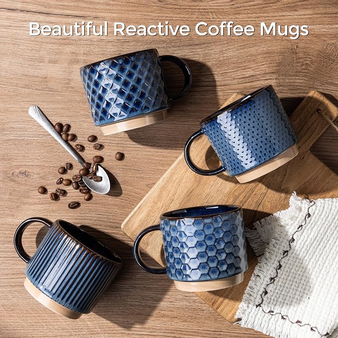 GBhome 12 OZ Stackable Coffee Mugs Set of 4, Ceramic Coffee Cups Set | Coffe Cups With Saucer and Stand, Dishwasher&Microwave Safe, 4 Assorted Designs - Image 2