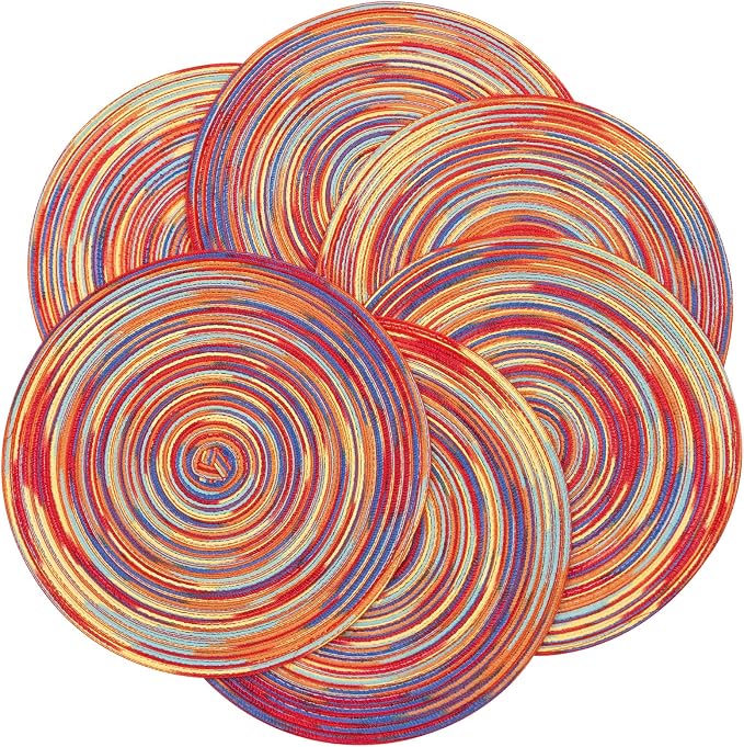 SHACOS Round Braided Placemats Set of 6 Table Mats Colorful Place Mats for Dining Tables Holiday Party Decor (Rainbow Red, 6) - Image 7