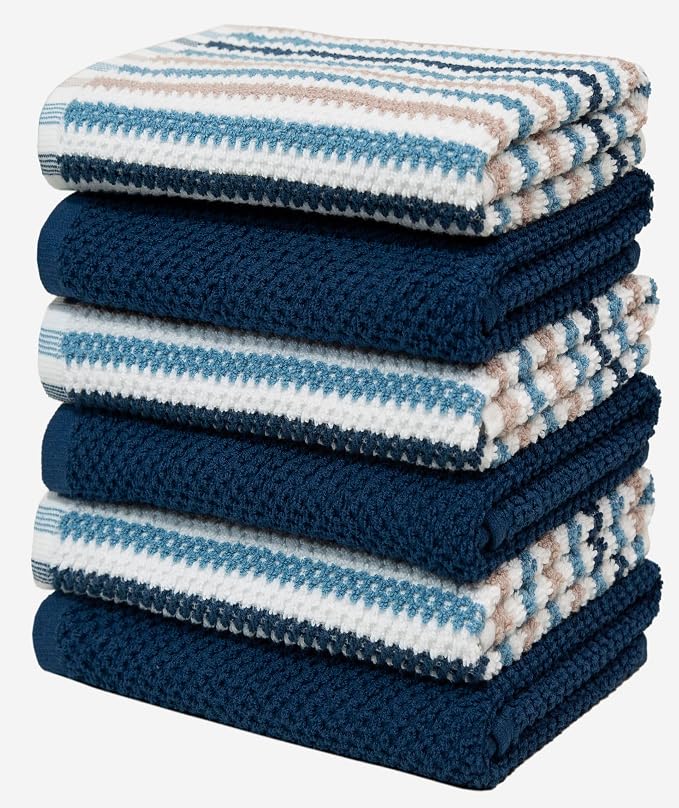 Bumble Kitchen Towels 6 Pack 100% Cotton 16"x26" - Blue Wide Stripe | 430 GSM Soft Kitchen Hand Towels with Hanging Loop, Highly Absorbent & Durable for Washing and Drying Dishes - Image 4