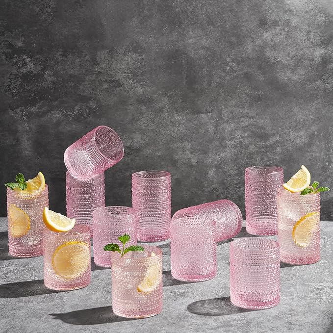 Khen Hobnail Beaded Highball Drinking Tumbler Glasses | Set of 12 | Pink Blush Color, Vintage Bubble Design Whiskey Glassware, Old-Fashioned, Embossed Design for Water, Wine, Cocktail, Rocks Glass - Image 6