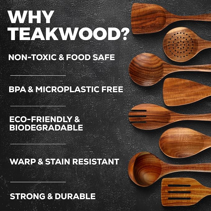 Zulay Kitchen Premium 8-Piece Wooden Spoons - Smooth Finish, Natural Teak Wood, Non-Stick, Handmade - Image 4