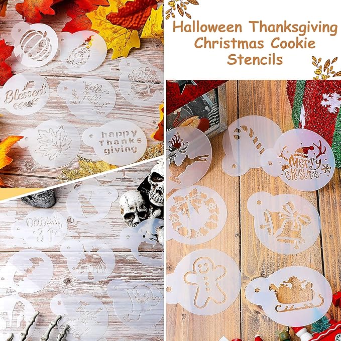 Marspark 30 Pieces Holiday Cookie Coffee Stencils Latte Art Christmas Thanksgiving Halloween Cookie Baking Stencils Templates Decoration for Cake Bread Decor, Reusable Sourdough Painting Mold Tools