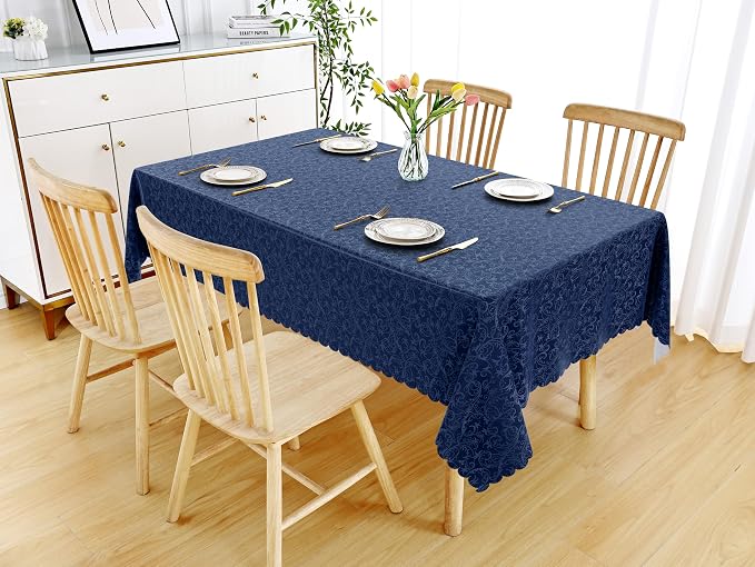 Smiry Rectangle Waterproof Heavy Duty Vinyl Tablecloths, 60 x 102 Inch | Wipeable Washable Floral Embossed Table Cover for Kitchen and Dining Room, Indoor & Outdoor Use, Dark Blue - Image 8