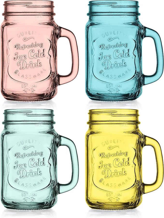 Glaver's Mason Jar Drinking Glasses Set Of 4, 15 oz. Colored Mugs With Embossed Ice-Cold Drinkware Logo, Glass Mason Jar Mug With Handle. For Smoothies, Cocktails, Beverages. Hand Wash - Image 5