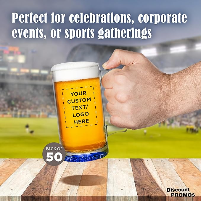 50 Libbey Beer Mugs Set, 12 oz. - Customizable Text, Logo - Groomsmen Glassware - Blue