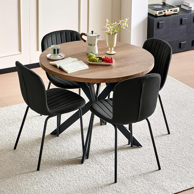 37 Inch Round Dining Table Set for 4, Modern Small Circle Kitchen Coffee Set for Apartment Living Room Office, Save Space(1 Imitation Wooden Table + 4 Black Velvet Chairs) by SQPFTW