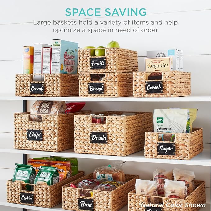Best Choice Products Pantry Baskets Set of 2 16x12in Water Hyacinth Storage Baskets, Woven Wicker Kitchen Organizers with handles w/Chalkboard Label Chalk Marker - Chestnut - Image 4