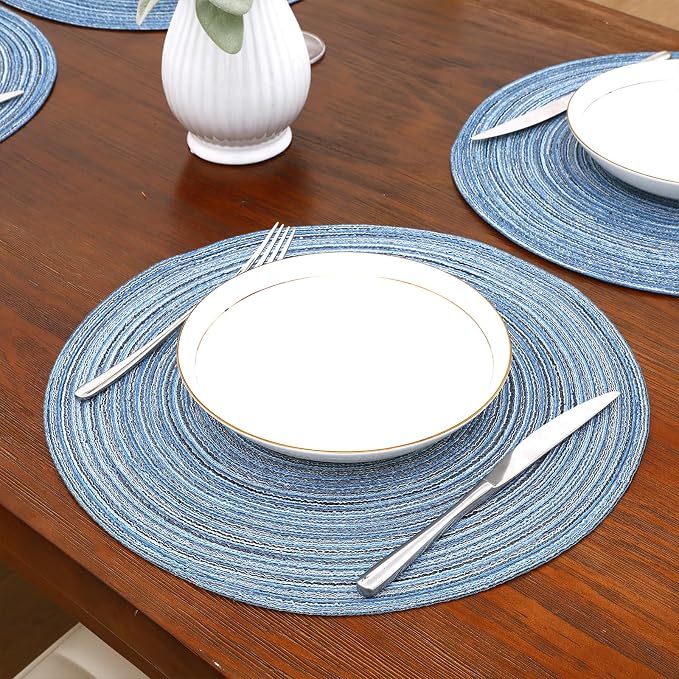 SHACOS Round Braided Placemats Set of 4 Dining Table Placemats 15 inch Circle Place Mats Easy to Clean Table Mats Indoor Outdoor, Blue Gray - Image 5