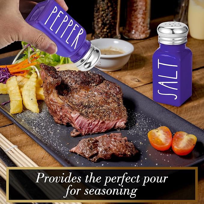 Purple Salt and Pepper Shakers Set by Brighter Barns - Modern Farmhouse Kitchen Decor and Accessories - Cute Salt and Pepper Set - Glass Shakers & Stainless Steel Lids for Home, Restaurants (Purple) - Image 4