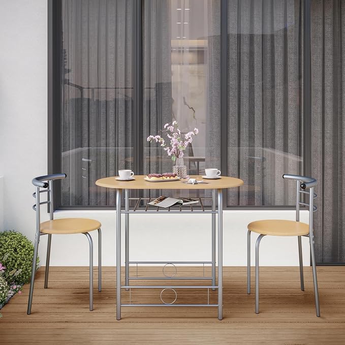 Yaheetech 3 Piece Dining Table Set, Kitchen Table & Chair Sets for 2, Compact Bistro Table Set with Steel Legs, Built-in Wine Rack for Small Space, Apartment, Breakfast Nook, Natural - Image 4