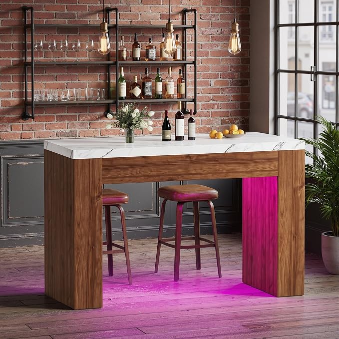 LED Bar Table with Smart RGB Lights,55" Faux Marble Counter Height Pub Dining Table,High Top Kitchen Island Table with Music Sync & Timer for Parties, Gatherings & Daily Use,Wood Base - Image 7